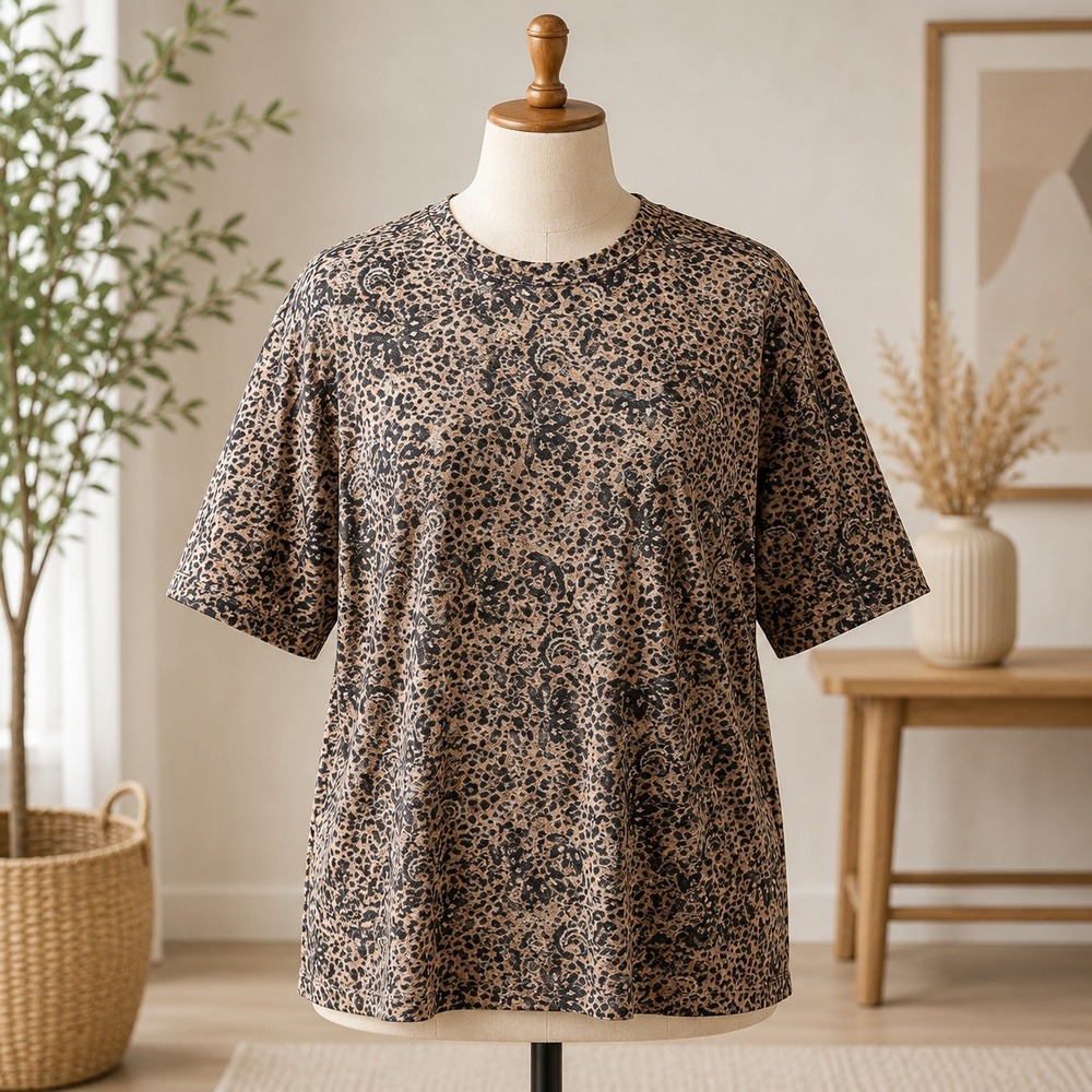 Susan Graver Mock Neck Top Womens 5X Brown Paisley Liquid Knit 3/4 Sleeve